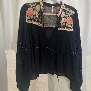 Free People Navy Embroidered Long Sleeve Blouse
